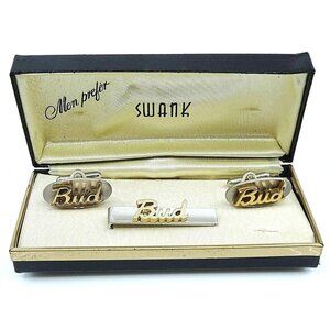 BUD Name Vintage Cufflinks and Tie Clip Bar Set Swank NOS in Original Box 1950s